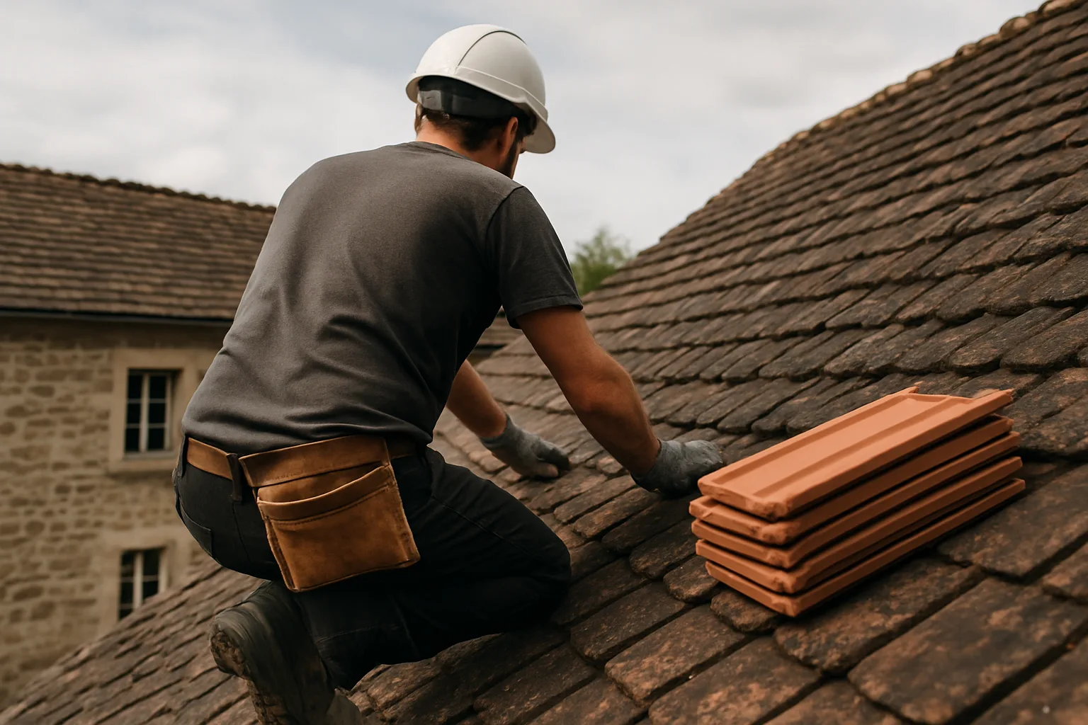 Couvreur au travail sur une toiture en tuiles près de Limoges